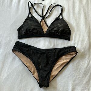 Via Eden black swimsuit set with bikini bottoms, top and zip up rash-guard.